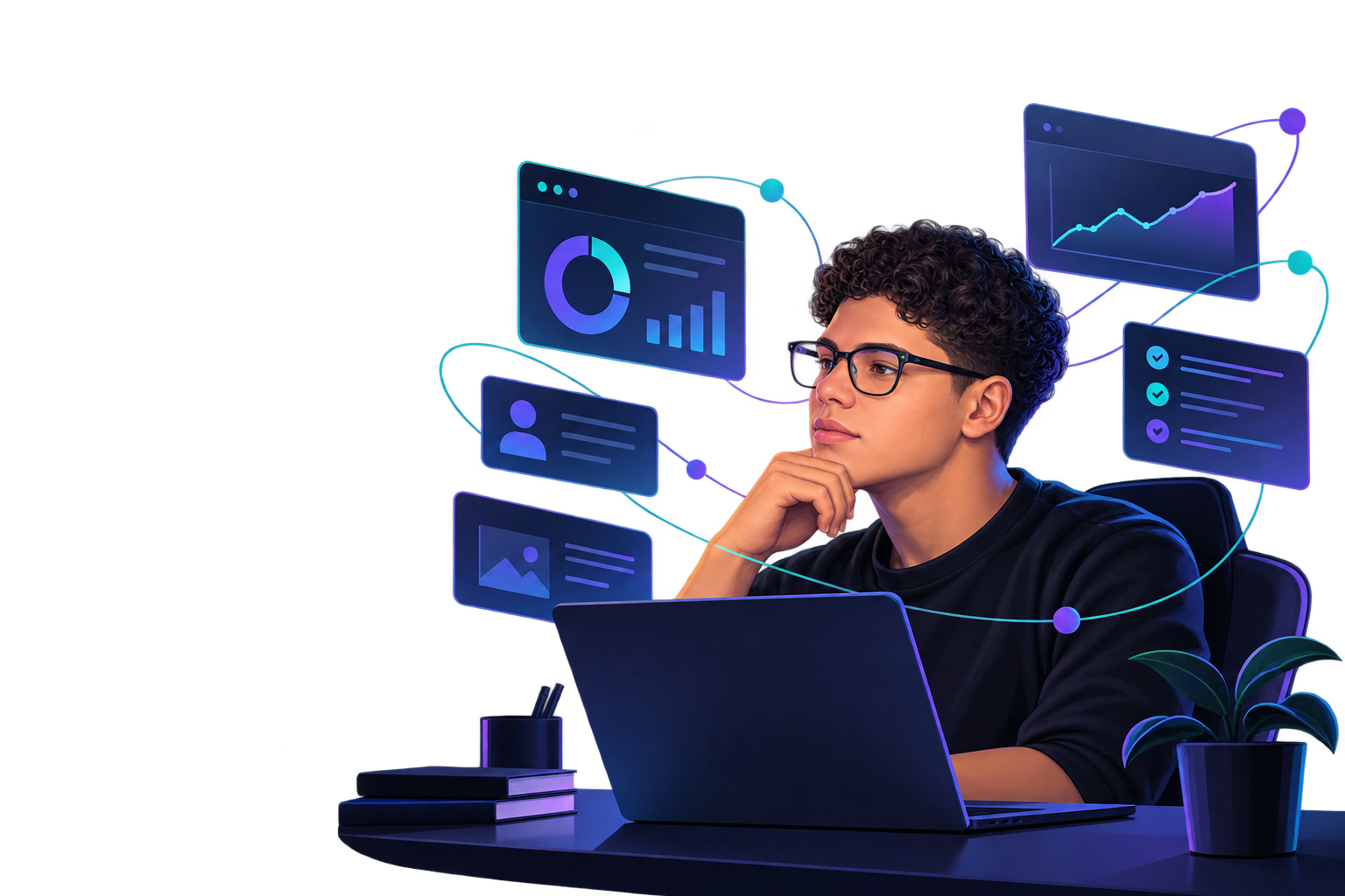 Ilustración de José trabajando con interfaces conectadas